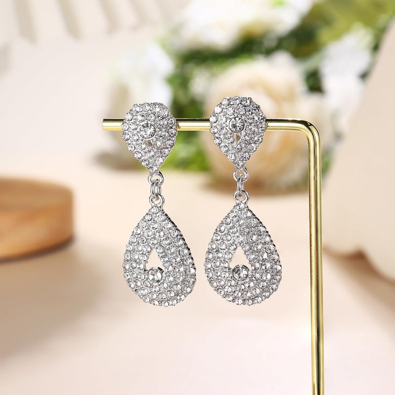 Jstyle 4 Pairs Silver Clip on Earrings for Women Elegant Rhinestone Clip on Earrings Dangle Drop for Brides Bridesmaids Non Pierced Earrings Set - Image 4